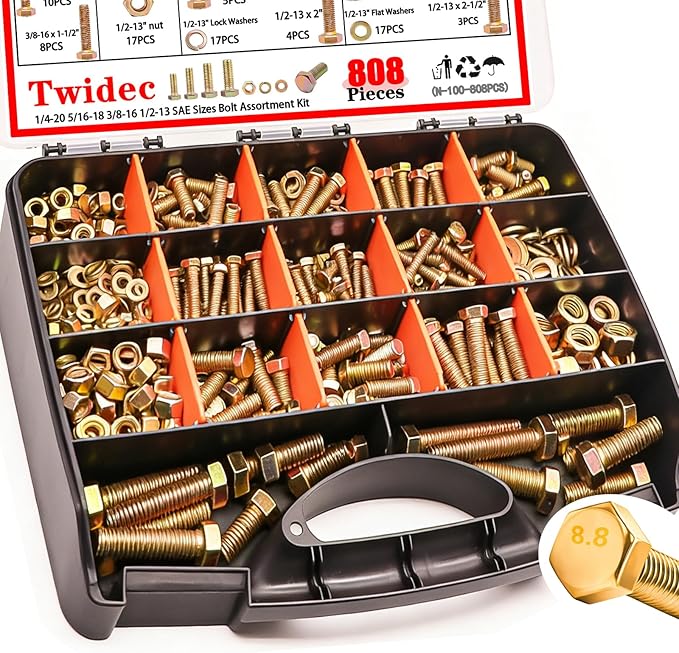 Twidec/808pcs Grade 8.8 Hex Head Nuts and Bolts Assortment Kit,SAE Bolt Assortment, 1/4-20 5/16-18 3/8-16 1/2-13 SAE Heavy Duty Bolts and Nuts Kit, Flat & Spring Lock Washer Gold Zinc Plating