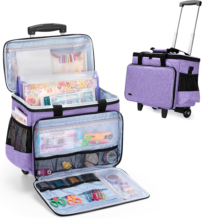 Yarwo Upgraded Rolling Craft Bag with Detachable Trolley and Multi-Pockets | Removable Bottom Board, Wheeled Scrapbook Tote, Large Teacher Gifts Bag, Rolling Briefcase for Teaching & Office, Purple