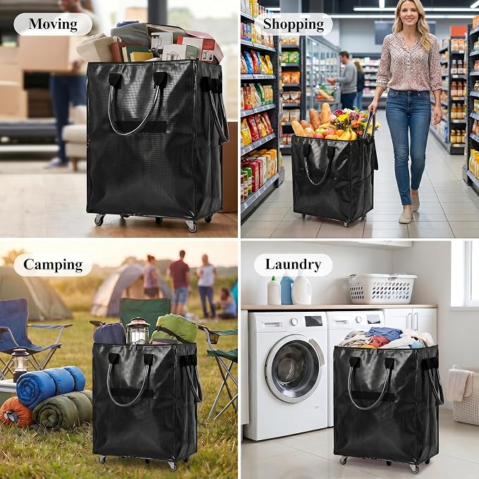 Reusable Grocery Bag on 5 Wheels, Rolling Shopping Bags with Removable Baseboard, Foldable Tote Cart for Groceries, Laundry, Organization, Moving (Black)