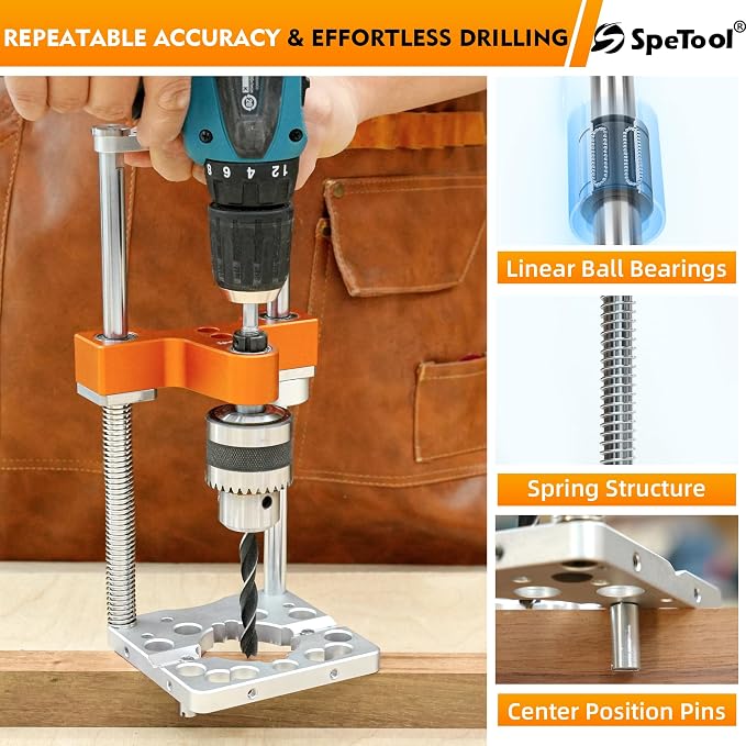 SpeTool S04003 Portable Drill Guide with Liner Ball Bearings, 0.004" High Precision Drill Guide for Straight Holes, All-Aluminum Base, Spring-Assisted Portable Drill Press for Woodworking & DIY