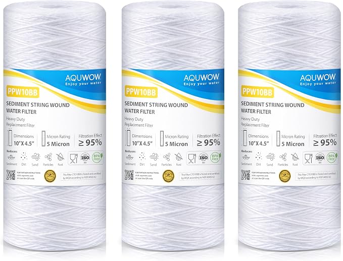 PPW10BB 5 Micron 4.5" x 10" String Wound Sediment Filter Set – Replacement Cartridges for Whole House & Under Sink Systems, Durable Depth Filtration (3, 10 x 4.5)