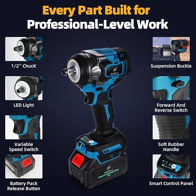 500N.m Brushless Cordless 1/2" Impact Wrench 3500RPM 21V Tool | 21V battery, 4000mAh battery, fast charger, LED work light, 7 sockets, 6 drill bits, 6 screwdrivers, waist hook, storage case