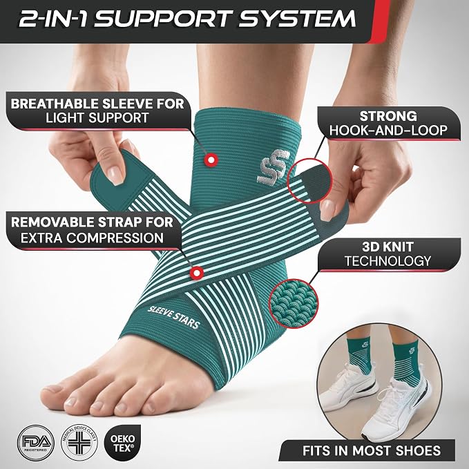 Sleeve Stars Ankle Brace for Women & Men, Ankle Wrap for Sprain, Compression Sleeve for Plantar Fasciitis Relief, Easy Customizable Support: w/ Removable Strap (Single/M:10"-12"/Turquoise)