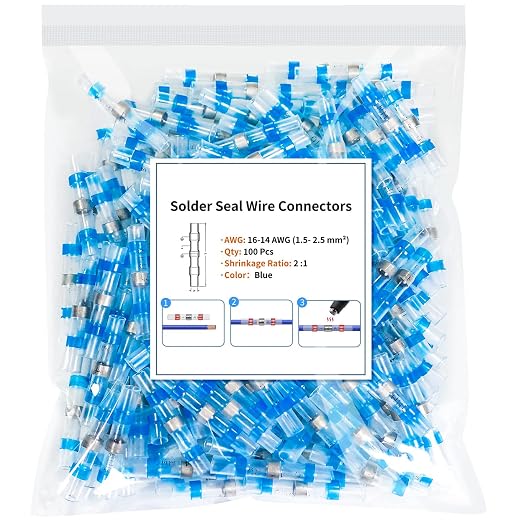 100PCS Solder Seal Wire Connectors, Heat Shrink Wire Connectors Kit, Waterproof Heat Shrink Butt Connectors for Marine Automotive Boat Truck RV Wiring, AWG 22-18, 1 Sizes, Blue