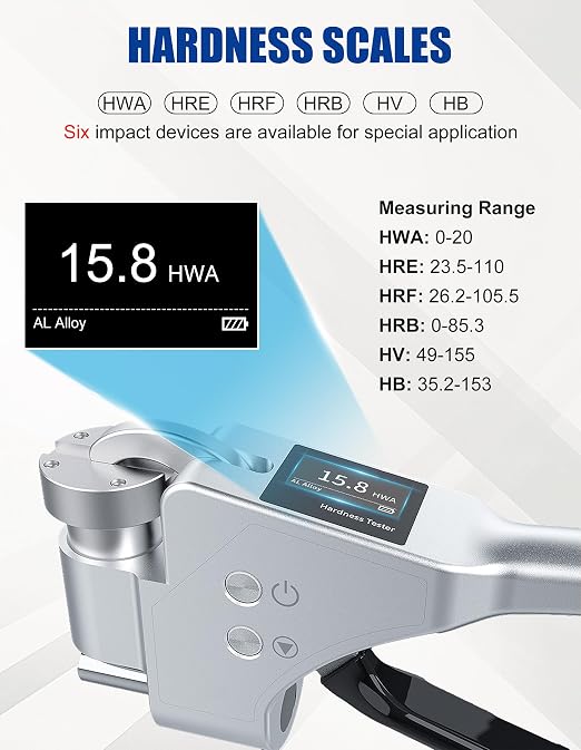 Digital HWA Hardness Tester 6-in-1 Hardness Tester with HWA, HRE, HRF, HRB, HV, HB Systems Portable Hardness Tester for Aluminum Alloy, Brass, Copper, Mild Steel (Model AMT308)