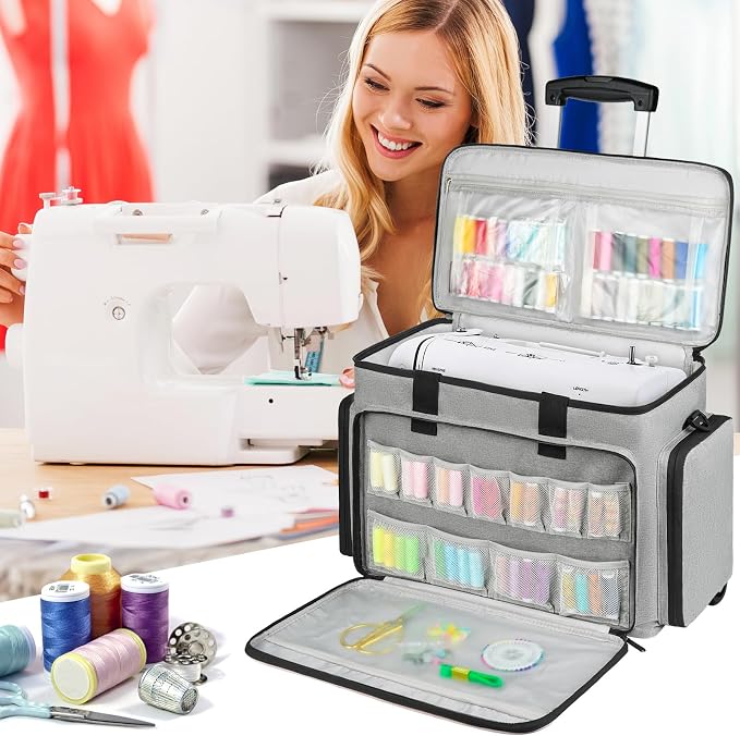 LEFOR·Z Rolling Sewing Machine Case with Wheels,Sewing Machine Carrying Bag,Trolley Tote Bag Fits for Most Standard Singer,Brother,Janome Sewing Machine and Accessories,Grey/Pink