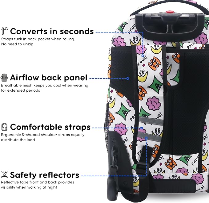 J World Sundance Laptop Rolling Backpack for Girls Boys. Roller Bookbag with Wheels, 20 Inch, Proud