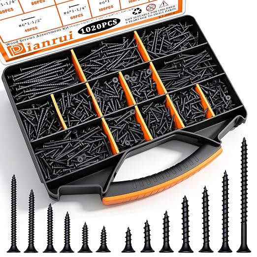 Dianrui 1020 PCS High Hardness Wood Screws Assortment Kit, #6#8 Drywall Screws, Assorted Black Wood Screws, Phillips Flat Head Screw Set-13 Sizes (5/8",3/4",1",1-1/4",1-1/2",2",2-3/4")