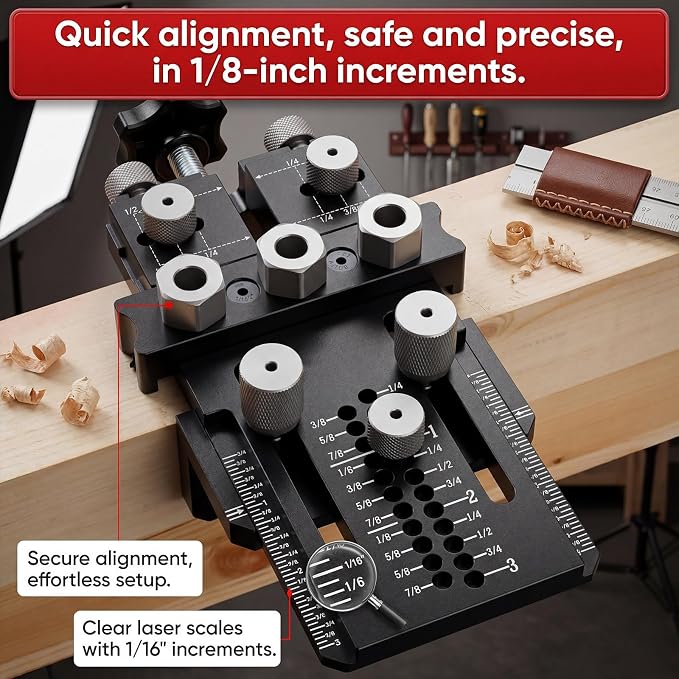 Dowel Jig Kit, Self-Centering Doweling Jig with Quick-Stop Clamp, Adjustable Drill Guide for Straight Dowel Holes, 1/4", 3/8", 1/2" Bushings for Woodworking, Cabinet & Furniture Joints