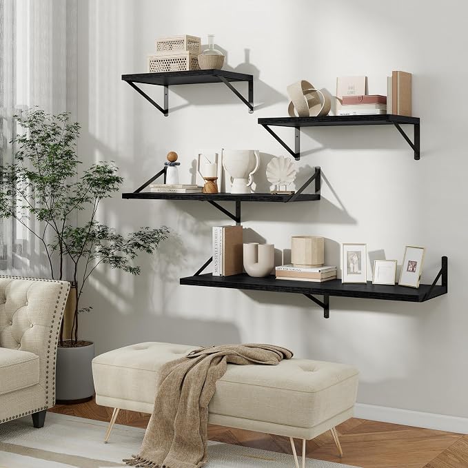 Floating Shelves 12 Inch Deep, 16W x 12D Wall Shelf Set of 2, 35 lbs Heavy Duty Reversible Metal Brackets, Deep Industrial Book Shelf for Living Room Kitchen Bath Bedroom Coffee Bar, Black