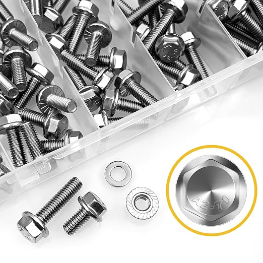 224Pcs M6 Bolt x 12/16/20/25/30mm, M6x1.0 Bolt, Flanged Hex Head Bolts with Flange Nuts Washers, 304 Stainless Steel M6 Screws, Metric Bolt Assortment, DIN 6921 By Mywish