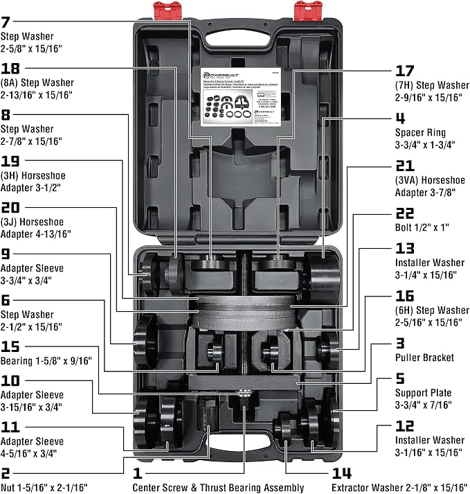 Powerbuilt 22 Pc. Master Hub and Wheel Bearing Removal and Installation Kit Self Centering Design Fits Most Front, Rear and All Wheel Drive Vehicles, Provides Easy Bearing Swaps With No Press Required