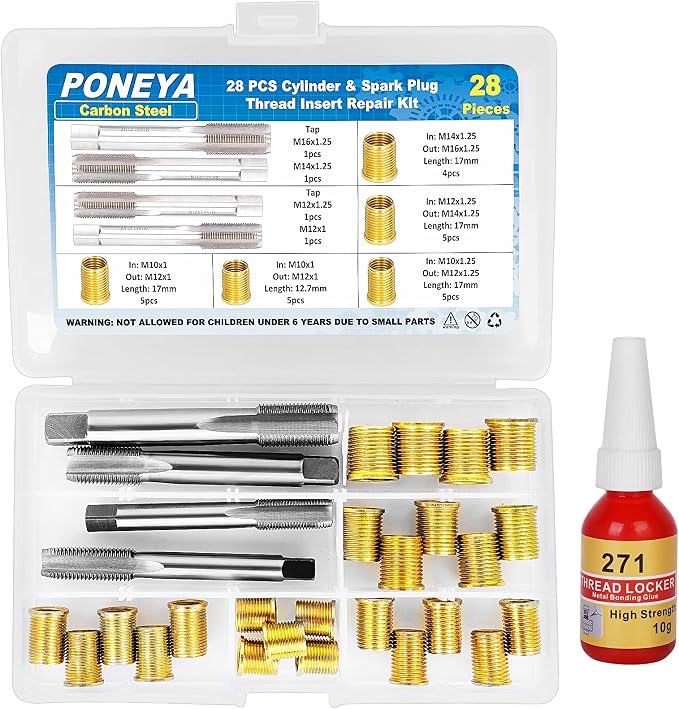 Spark Plug Thread Repair Kit, 28 PCS 4 Sizes High Speed Steel Tap and 5 Sizes Insert, All in One Repair Tools Set with Storage Case for The Most Trucks Cars Engines Broken Cylinders Repair
