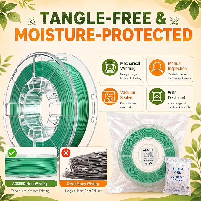 AOSEED PLA Filament Set 1.75mm (±0.02mm), 4-Pack, 200 g (0.44 lb) per Spool | Multi-Color Bundle for Most FDM 3D Printers, Low-Odor, Safety-Tested, Tangle-Free & Moisture-Protected for Home & Classroom