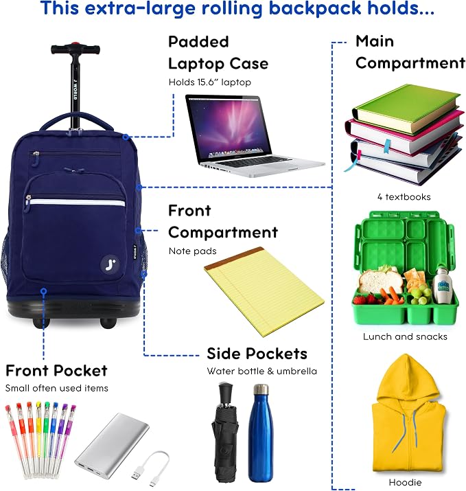 J World Sundance Laptop Rolling Backpack for Girls Boys. Roller Bookbag with Wheels, 20 Inch, Navy