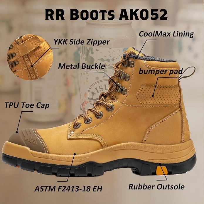 ROCKROOSTER Work Boots for Men, steel toe, 6 inch, Side Zipper, Construction Work Boots, Comfortable, Slip-Resistant, EE wide, ASTM F2413-18, EH Rated AK052 AK052BK