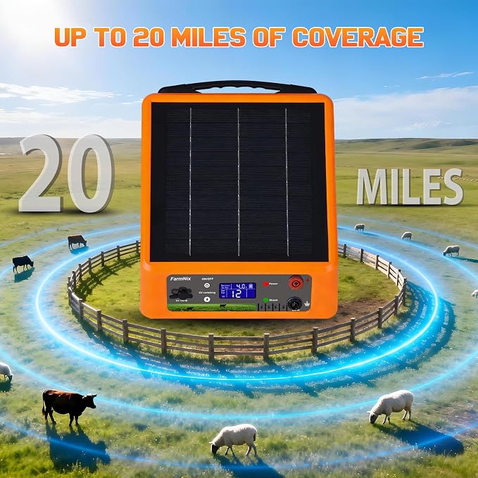 20 Miles Solar Powered Electric Fence, 6-12KV Adjustable Output Solar Charger, 2 Joules Pulse Energy,24H Solar Powered Electric Fence Kit Suitable for Pets,Poultry,Ranches and Gardens