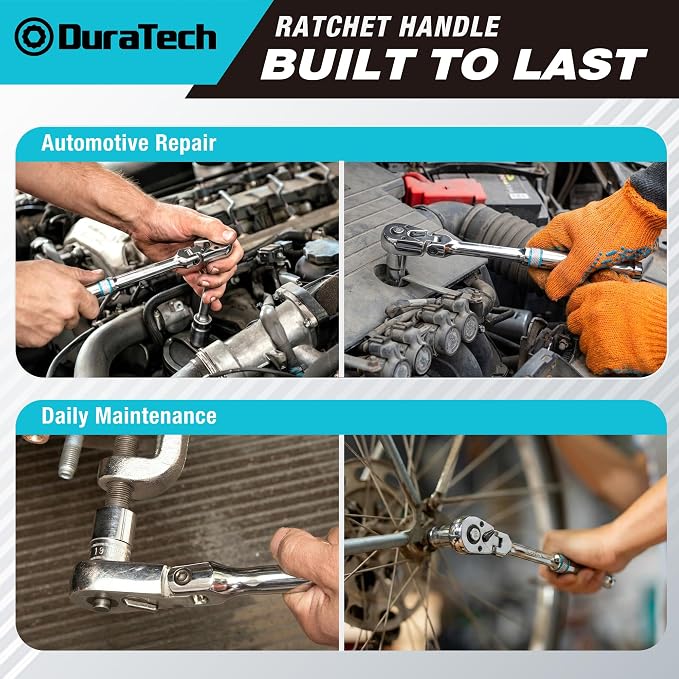 DURATECH 3/8-Inch Drive Flex-Head Ratchet, 90-Tooth Quick-Release Ratchet Wrench with 180° Pivoting Head and 7-Position Setting, Reversible, CR-V Made, CR-MO Head, 4° Swing, Full Polished, Men Gifts
