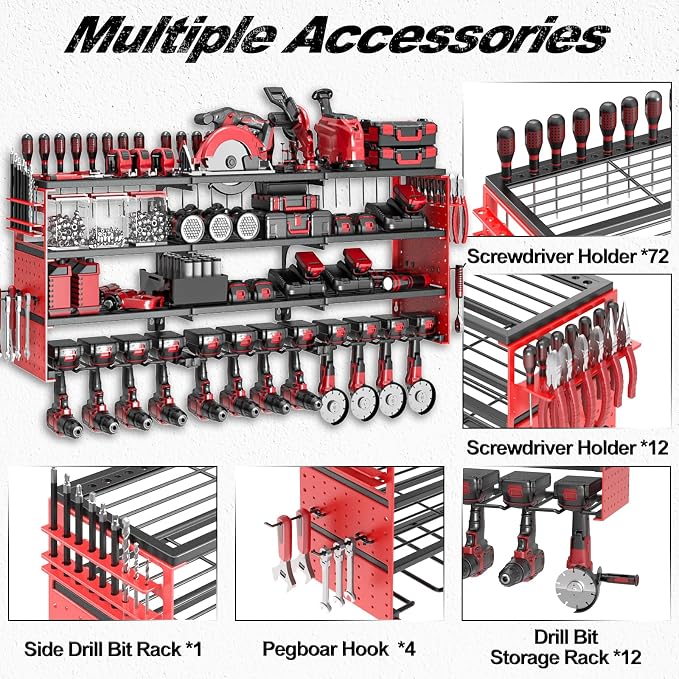 Power Tool Organizer Wall Mount, Cordless Drill Hanger Storage Rack 8 Drill Holder, 4 Layer Heavy Metal Large Capacity Tool Rack for Garage Organization (Red, 12 Drills Holder)