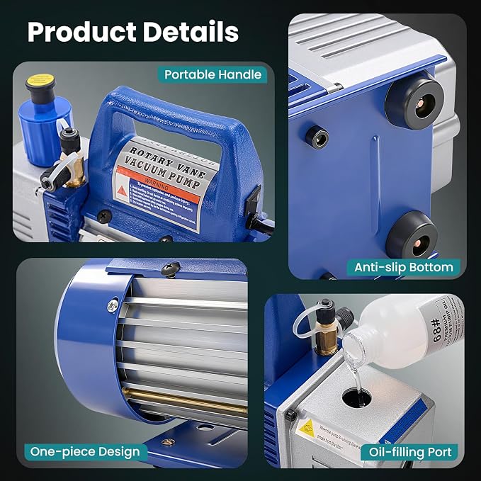 NEWBULIG 4CFM Single Stage Vacuum Pump 110V, with R134a AC Manifold Gauge Set & Leak Detector - Complete Kit for HVAC Air Conditioning Service, Refrigerant Recharging and Recovery