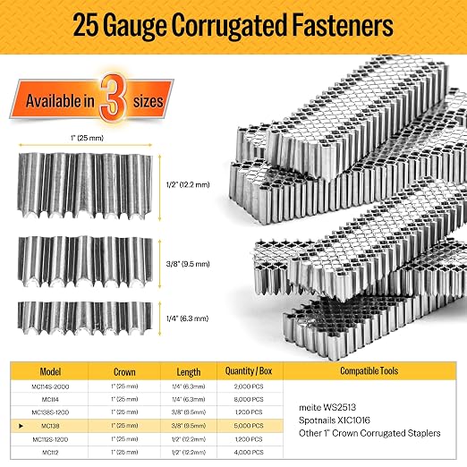 meite Corrugated Fasteners MC138 25 Gauge 1-Inch Crown 3/8-Inch Length Corrugated W Fastener Staples 5000 PCS/Case (1 Case)