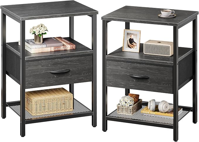 Huuger Nightstand Set of 2, Night Stand with Fabric Drawer, Mesh Shelf, Side Table with Storage, Fabric Drawer Dresser, Open Shelf, Metal Frame, Bedroom, Charcoal Black Wood Grain Print