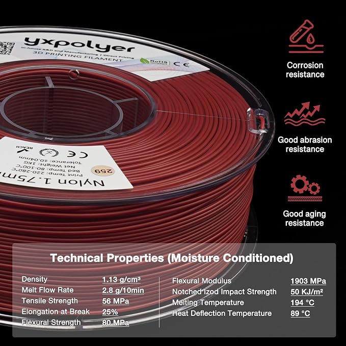 YXPOLYER Nylon Filament PA6 Red Easy PA 3D Printing Filament 1.75mm 1kg | Easy to Print, AMS Compatible Spool, Engineering-grade, Low Warp, FDM Printers, Pre-dried, High Speed Low Temp Printing