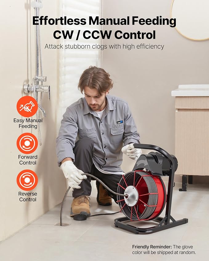 VEVOR Drain Cleaner Machine 75 FT x 1/2 Inch, Sewer Snake Auger Manual Feed with 4 Cutters & Air-activated Foot Switch for 2" to 6" Pipes