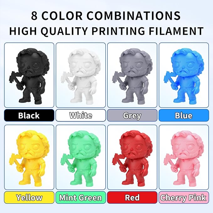 RAMBERY 3D Printer Filament Bundle, PLA Plus Filament 1.75mm, 8 Colors PLA+ Filament, Dimensional Accuracy +/- 0.02mm, 8 Pack 250g Spool, Black/White/Red/Yellow/Gray/Blue/Pink/Mint Green