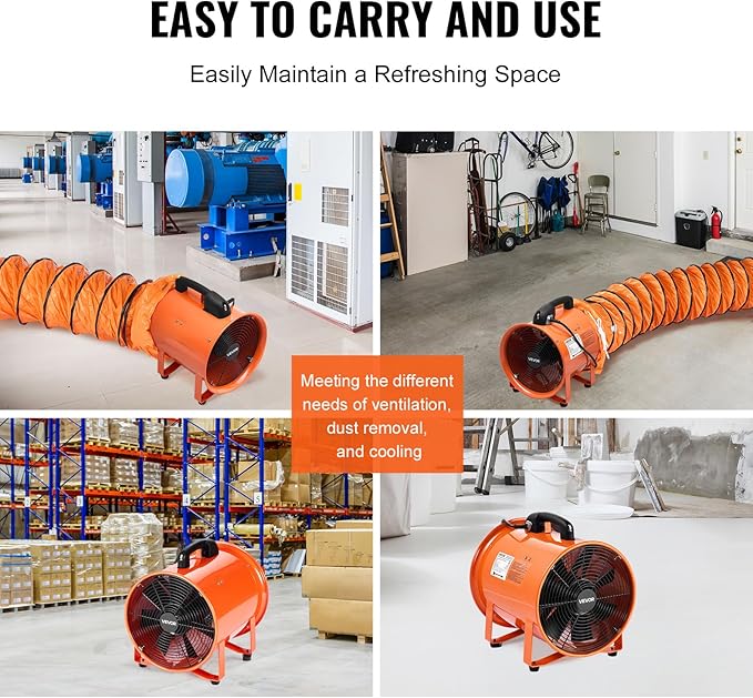 VEVOR Portable Ventilator with Hose, 2 Speed, 12 Inch Utility Blower Exhaust Fan with 16.4ft Flexible Duct, 367W 2894CFM High Velocity Industrial Air Mover for Extraction and Ventilation