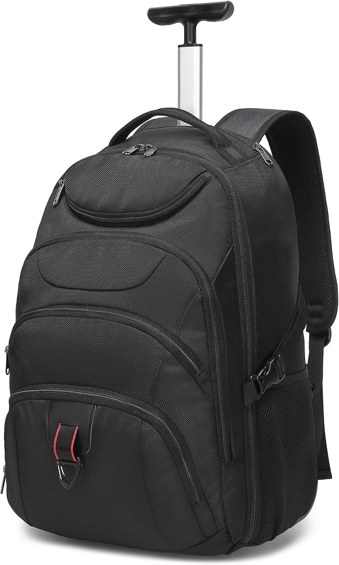 Boavan Rolling Backpack,17 inch Water Resistant Wheeled Backpack,Carry on Luggage Business Bag, Overnight College Computer Trolley Suitcase for Men Women Adults to Travel，Black