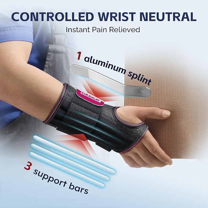 FEATOL 2 Pack Carpal Tunnel Wrist Brace For Work With Wrist Splint, 6.5'' Wrist Brace Night Support For Women Men, Pain Relief For Tendonitis, Arthritis, Pregnancy, Typing, Right and Left Hand, Small