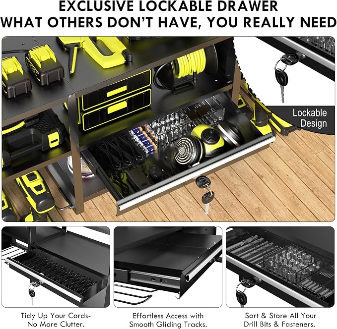 KSVO Large Power Tool Organizer Wall Mount with Locking Drawers, Grinder Holder, Hammer & Pliers Rack, & 6-Outlet Charging Shelf – Heavy Duty Metal Tool Storage for Garage & Workshop (black-new)