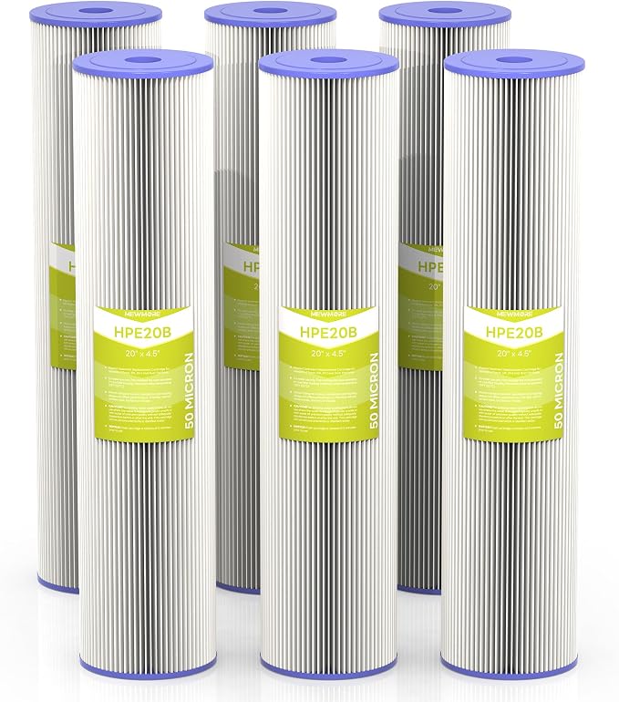 50 Micron Whole House Water Filter Cartridge, Pleated Sediment Filters for Well Water, Universal Replacement for Any 20 inch Big Housings - 20" x 4.5" Cartridges - Pack of 6