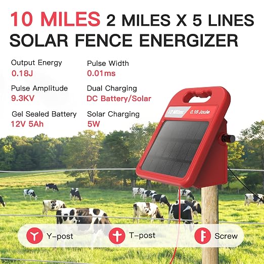 10 Mile Solar Fence Charger 0.18J Electric Fence Energizer with Day Night Mode 24-Hour Protection Red