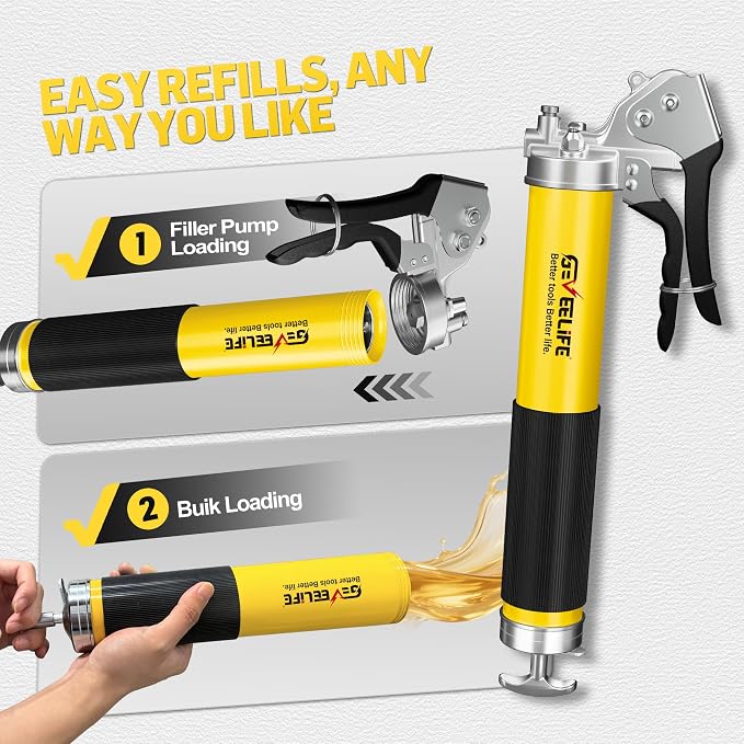 GEVEELIFE Grease Gun Kit,10000 PSI Heavy Duty Pistol Grip Grease Gun with 14 oz Capacity,2×18 Inch Resin Flex Hoses,4 Versatle Couplers,Extension Rigid Pipe,Suitable for Automotive, Marine，Machine