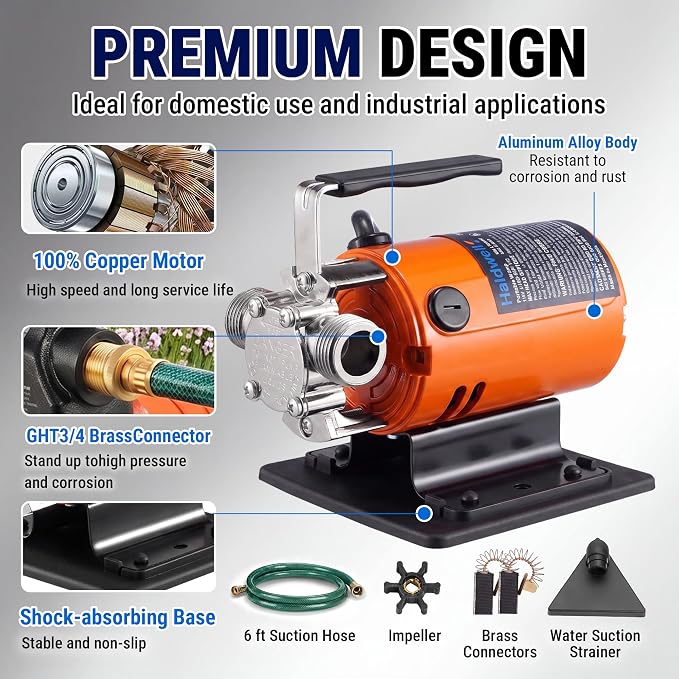 HoldwellS Water Transfer Pump 115V AC, 360 GPH, 1/10HP, 46FT High-Lift | Utility Pump, Portable Electric Water Pump with Water Hose Kit, Incl. Carbon Brushes, Impeller etc, For Water Removal