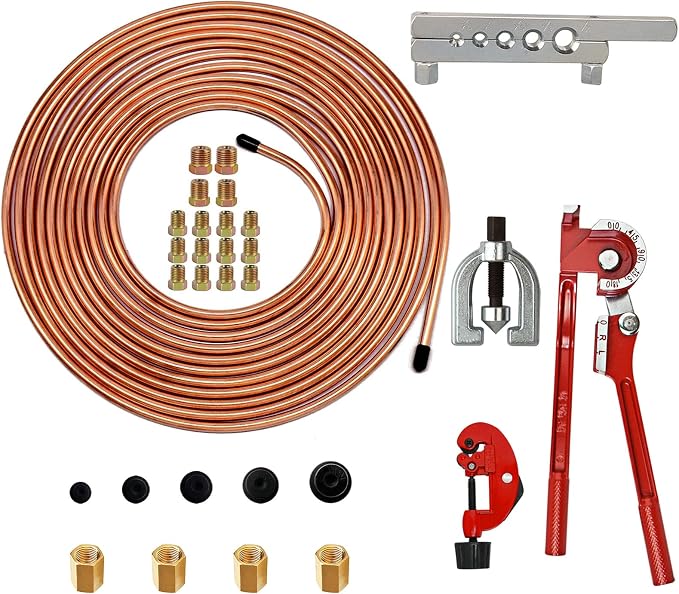 MuHize Brake Line Bender(1/4 Inch) - Upgraded 25 Feet Brake Line Kit for Ford/Dodge + Flaring Tool, Tube Cutter & Bender - 16 Braking Fittings + 4 Unions