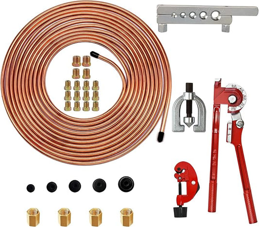 MuHize Brake Line Bender(1/4 Inch) - Upgraded 25 Feet Brake Line Kit for Ford/Dodge + Flaring Tool, Tube Cutter & Bender - 16 Braking Fittings + 4 Unions