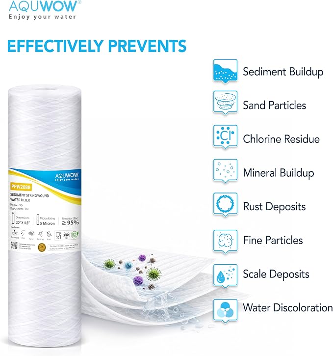 PPW20BB 5 Micron 4.5" x 20" String Wound Sediment Filter Set – Replacement Cartridges for Whole House & Under Sink Systems, Durable Depth Filtration (4, 20 x 4.5)