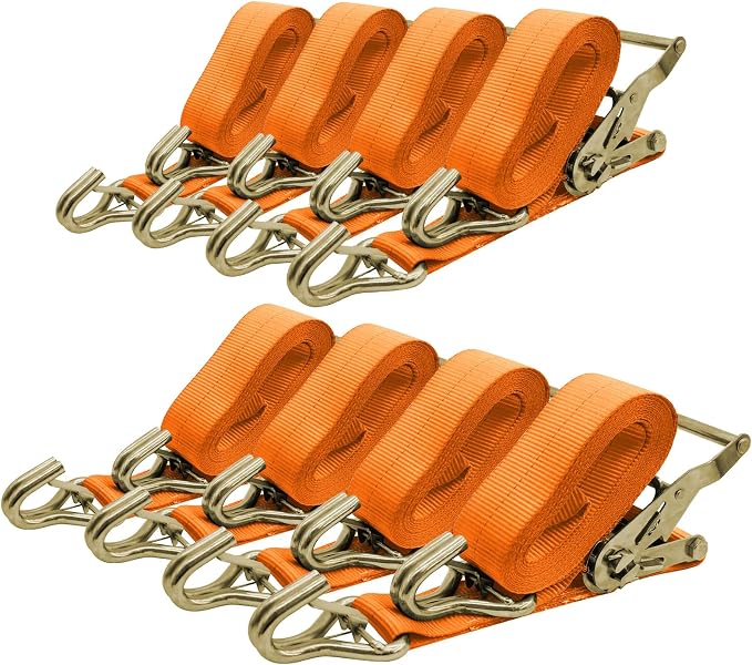 8Pack 2 inch Ratchet Straps Heavy Duty 15 ft J Hook with Anti-Loss Lock, 2 inch Tie Down Straps for Trucks, Cargo Straps Ratcheting Orange