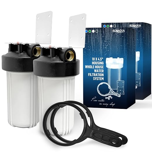 High Capacity 10 x 4.5” Whole House Filter Purifier System for Well or City Water, Presser Relief Button, 1” NPT Brass Port, Double O-Ring, Meets NSF Standards & Regulations (White, 2 Sets)