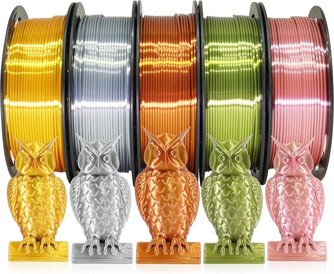 1.75mm Silk PLA Filament 5 in 1 Bundle Pack, 5 Silk Metallic Shiny Colors: Gold/Silver/Copper/Bronze/Rose Gold, Each Spool 250g, 5 Spools, Total 1.25Kg 3D Printing Material, 250g x 5 Spools