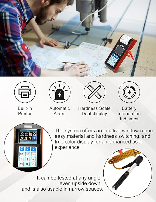 Digital Hardness Tester Metal Hardness Meter Built-in Printer 7-in-1 Hardness Tester with HL, HB, HRB, HRC, HRA, HV, HS Systems Portable Hardness Tester for Aluminum Alloy, Brass (Model AMT212)