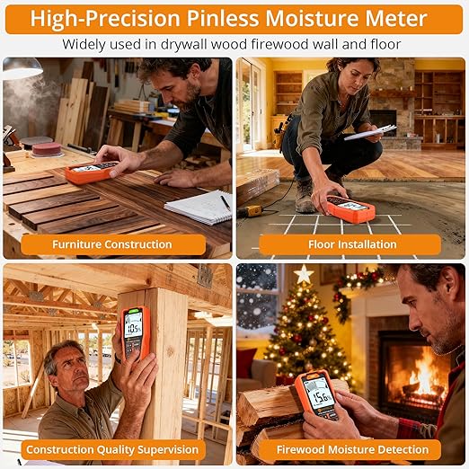 Neoteck 6 in 1 Pinless Moisture Meter 19mm Digital Moisture Detector ±2% Accuracy Wood Moisture Reader with Audible &Visual Alarm and 2.9inch LCD Display for Wood Wall Concrete Drywall Plaster Screed