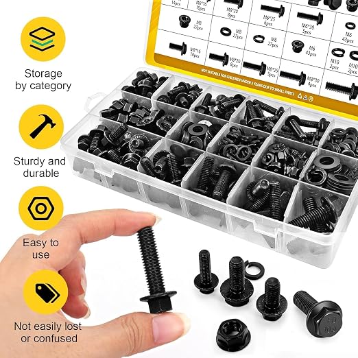 288PCS Metric Flange Head Bolts Assortment Kit,M6-1.0,M8-1.25,M10-1.5 Flanged Hex Bolt and Serrated Flange Nuts Washers Assorted,10.9 Black Zinc Galvanized (Length 12/16/20/25/30 mm)