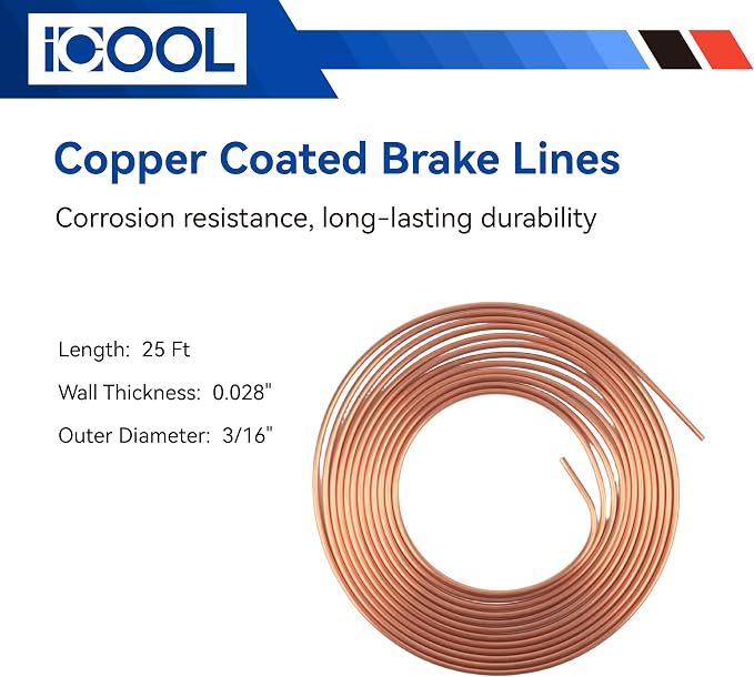 ICOOL 25 ft 3/16" Copper-Plated Brake Line Flaring Tool Kit with 20 Fittings and 4 Unions Brake Line Fittings, Brake Line Kit with Tube Bender and Reamer