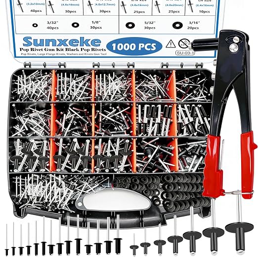 Pop Rivet Gun with Pop Rivets Assortment Kit,1000PCS 21 Sizes Black Pop Rivets, Large Flange Rivets, Washers for DIY/Automotive Repairs/Furniture,Packed in Portable Toolbox