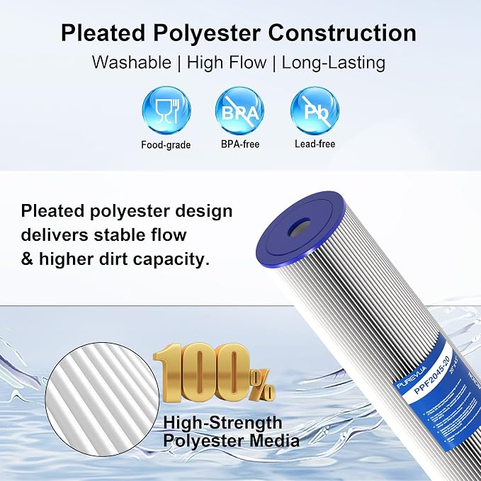 6-Pack 20" x 4.5" Pleated Sediment Water Filter Cartridge, 20 Micron High Flow Whole House Water Filter Replacement for Well Water, Compatible with ECP20-20BB, SPC-45-2020