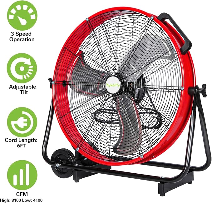 hykolity 24 inch 8100 CFM High Velocity Industrial Drum Fan, 3-Speed Heavy Duty Metal Shop Fan for Warehouse, Garage, Workshops, Factory, UL Listed, Red
